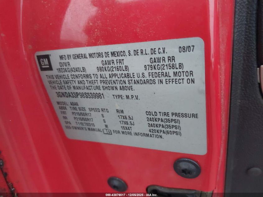 2008 Chevrolet Hhr Lt VIN: 3GNDA33P98S539981 Lot: 43876517