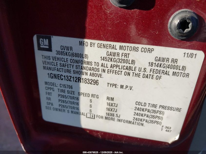 2002 Chevrolet Tahoe Ls VIN: 1GNEC13Z12R183296 Lot: 43876525