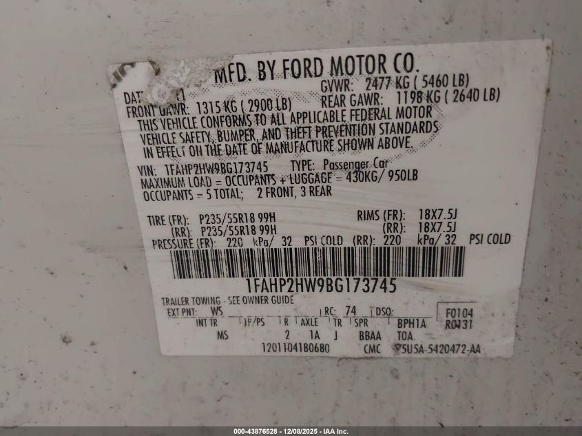 2011 Ford Taurus Sel VIN: 1FAHP2HW9BG173745 Lot: 43876528