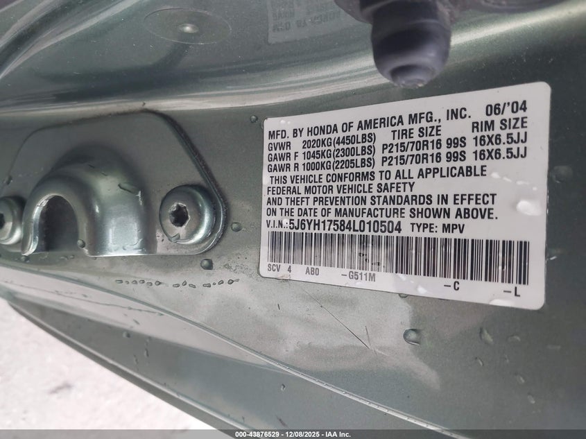 5J6YH17584L010504 2004 HONDA ELEMENT photo no. 9