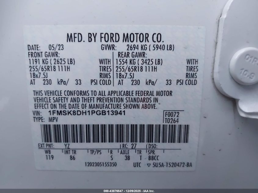 2023 Ford Explorer Xlt VIN: 1FMSK8DH1PGB13941 Lot: 43876547