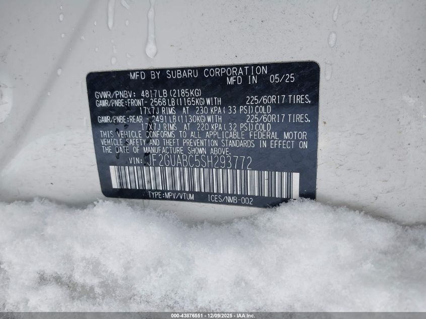 2025 Subaru Crosstrek VIN: JF2GUABC5SH293772 Lot: 43876551