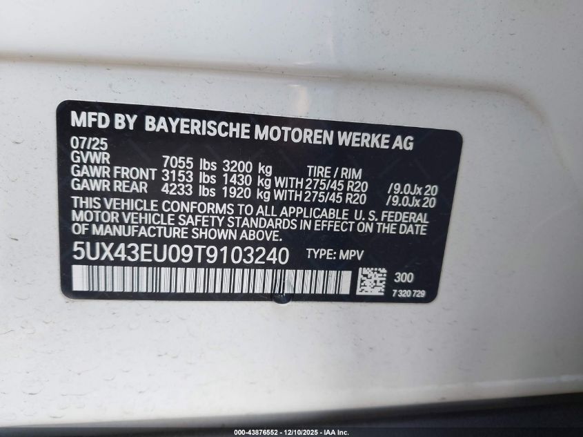 2026 BMW X5 Phev xDrive50E VIN: 5UX43EU09T9103240 Lot: 43876552