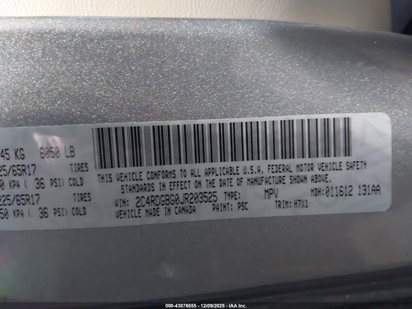 2018 Dodge Grand Caravan Se VIN: 2C4RDGBG0JR203525 Lot: 43876555