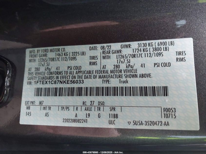 2022 Ford F-150 Xl VIN: 1FTEX1C87NKE56033 Lot: 43876560