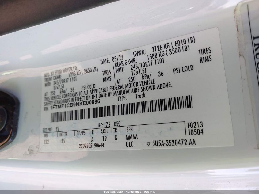 2022 Ford F-150 Xl VIN: 1FTMF1CB9NKE00086 Lot: 43876561