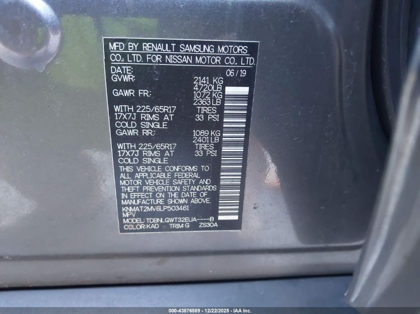 2020 Nissan Rogue Sv Intelligent Awd VIN: KNMAT2MV6LP503461 Lot: 43876589