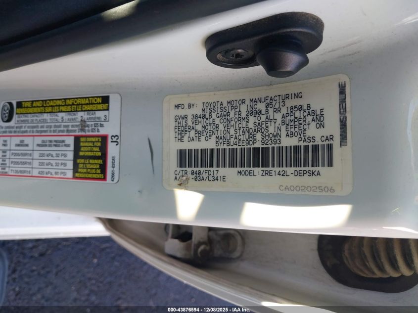 2013 Toyota Corolla S VIN: 5YFBU4EE9DP192393 Lot: 43876594