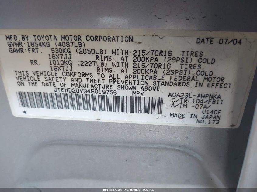 2004 Toyota Rav4 VIN: JTEHD20V946019756 Lot: 43876598