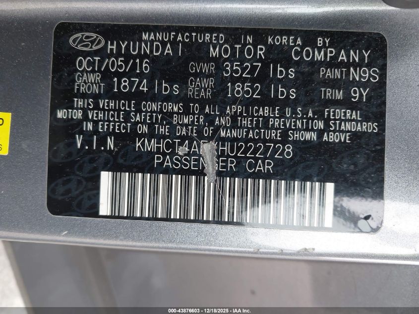 2017 Hyundai Accent Se VIN: KMHCT4AEXHU222728 Lot: 43876603