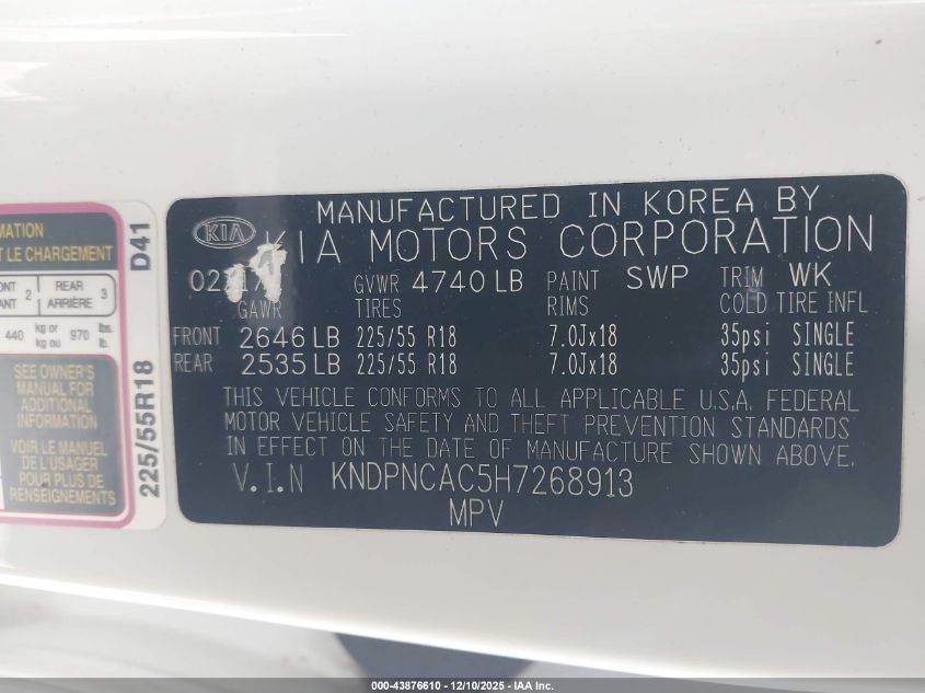 2017 Kia Sportage Ex VIN: KNDPNCAC5H7268913 Lot: 43876610