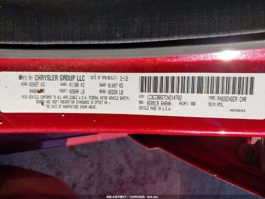 2012 Chrysler 200 Touring VIN: 1C3CCBBG7CN214702 Lot: 43876617