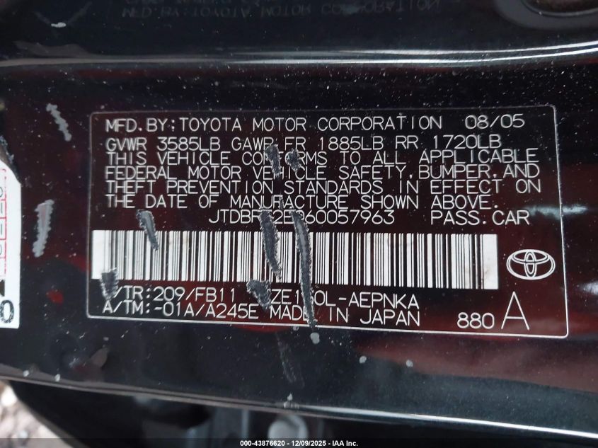 2006 Toyota Corolla Le VIN: JTDBR32E060057963 Lot: 43876620