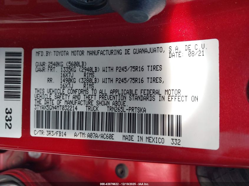 2021 Toyota Tacoma Sr VIN: 3TYAX5GN4MT032214 Lot: 43876622