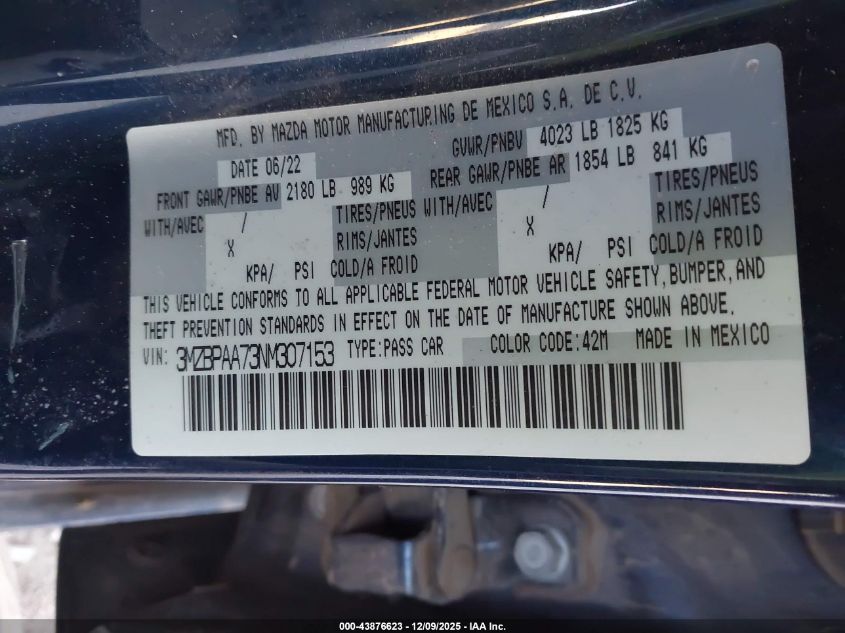 2022 Mazda Mazda3 2.0 VIN: 3MZBPAA73NM307153 Lot: 43876623