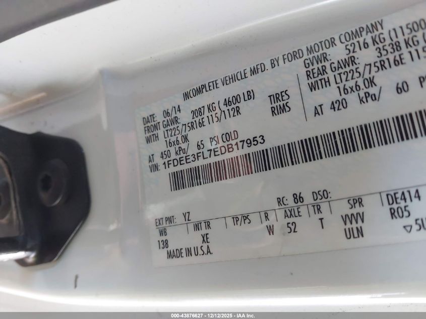 2014 Ford E-350 Cutaway VIN: 1FDEE3FL7EDB17953 Lot: 43876627