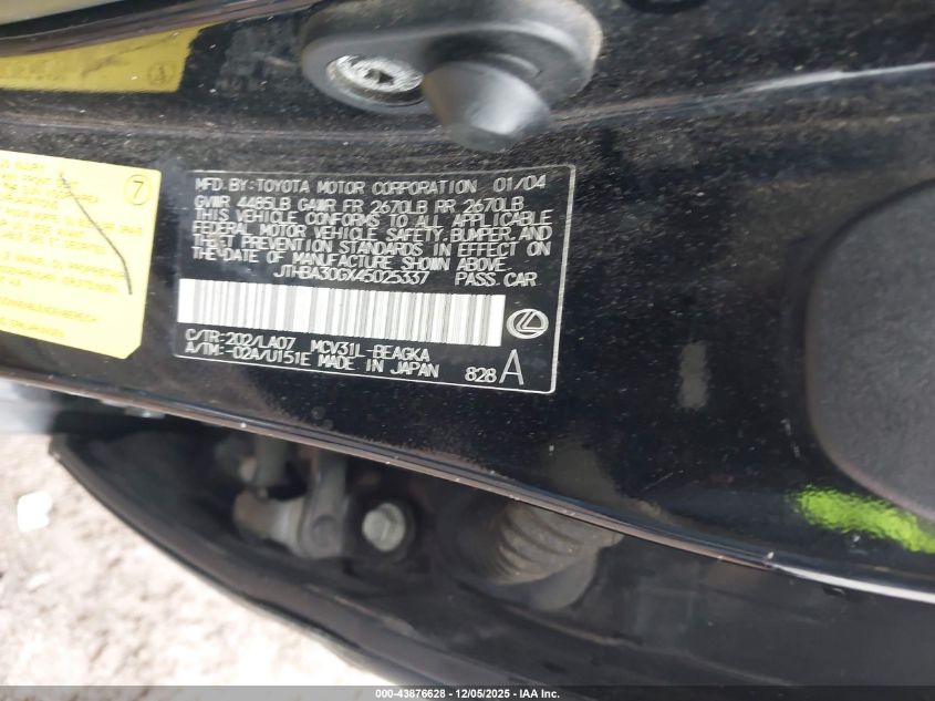 2004 Lexus Es 330 VIN: JTHBA30GX45025337 Lot: 43876628