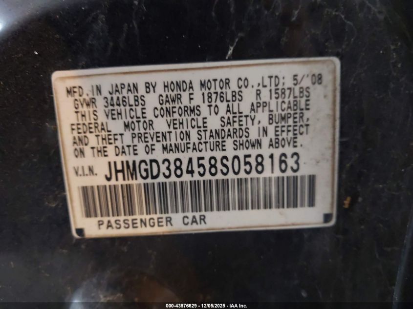 2008 Honda Fit VIN: JHMGD38458S058163 Lot: 43876629