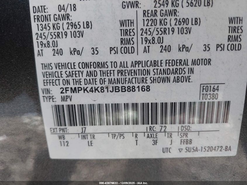 2018 Ford Edge Titanium VIN: 2FMPK4K81JBB88168 Lot: 43876633