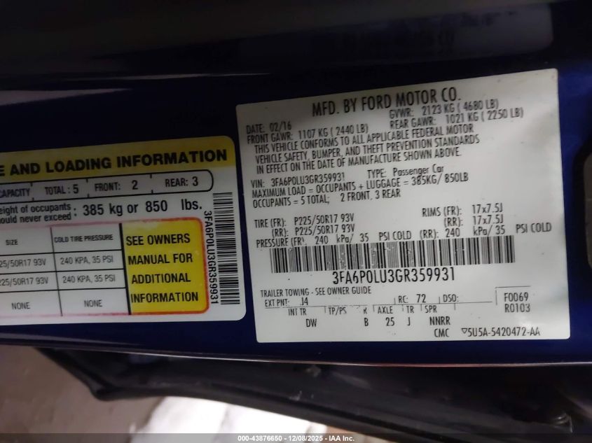 2016 Ford Fusion Hybrid Se VIN: 3FA6P0LU3GR359931 Lot: 43876650