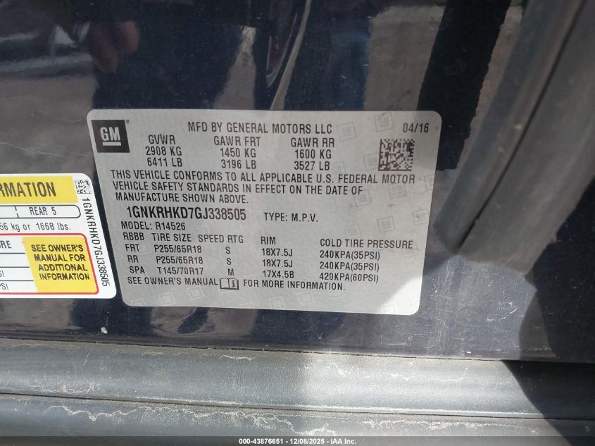 2016 Chevrolet Traverse 2Lt VIN: 1GNKRHKD7GJ338505 Lot: 43876651