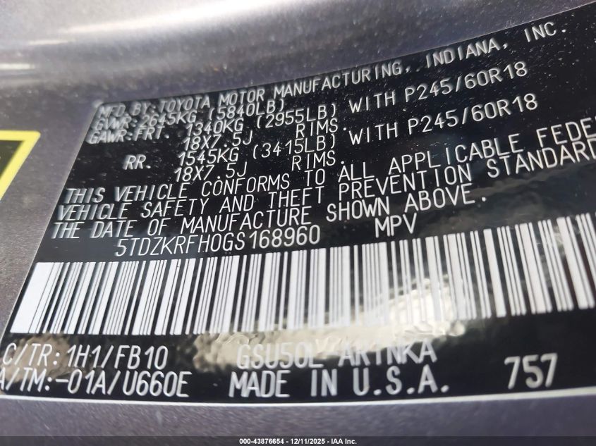 2016 Toyota Highlander Le V6 VIN: 5TDZKRFH0GS168960 Lot: 43876654