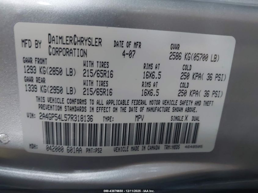 2007 Chrysler Town & Country Touring VIN: 2A4GP54L57R318136 Lot: 43876658