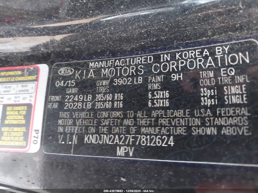 2015 Kia Soul VIN: KNDJN2A27F7812624 Lot: 43876662