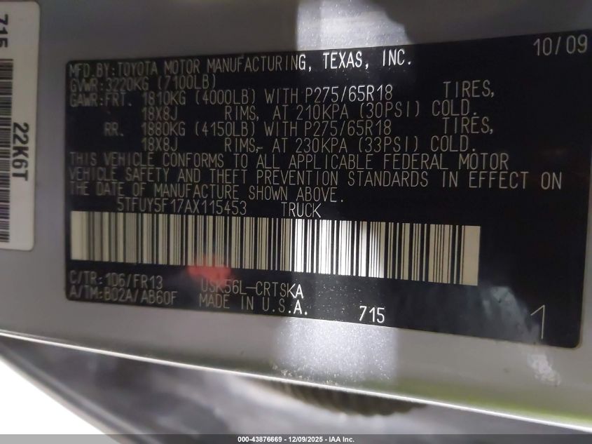 2010 Toyota Tundra Grade 5.7L V8 VIN: 5TFUY5F17AX115453 Lot: 43876669