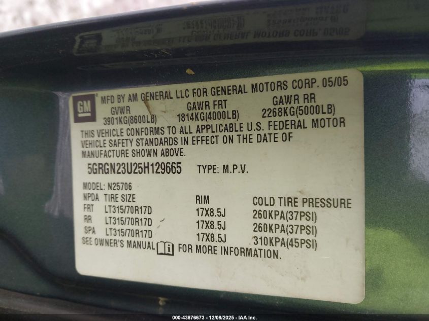 2005 Hummer H2 Suv VIN: 5GRGN23U25H129665 Lot: 43876673