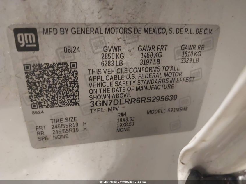 2024 Chevrolet Equinox Ev Lt VIN: 3GN7DLRR6RS295639 Lot: 43876689