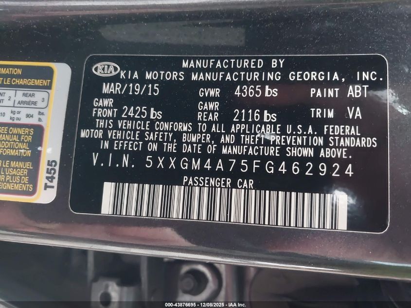 2015 Kia Optima Lx VIN: 5XXGM4A75FG462924 Lot: 43876695