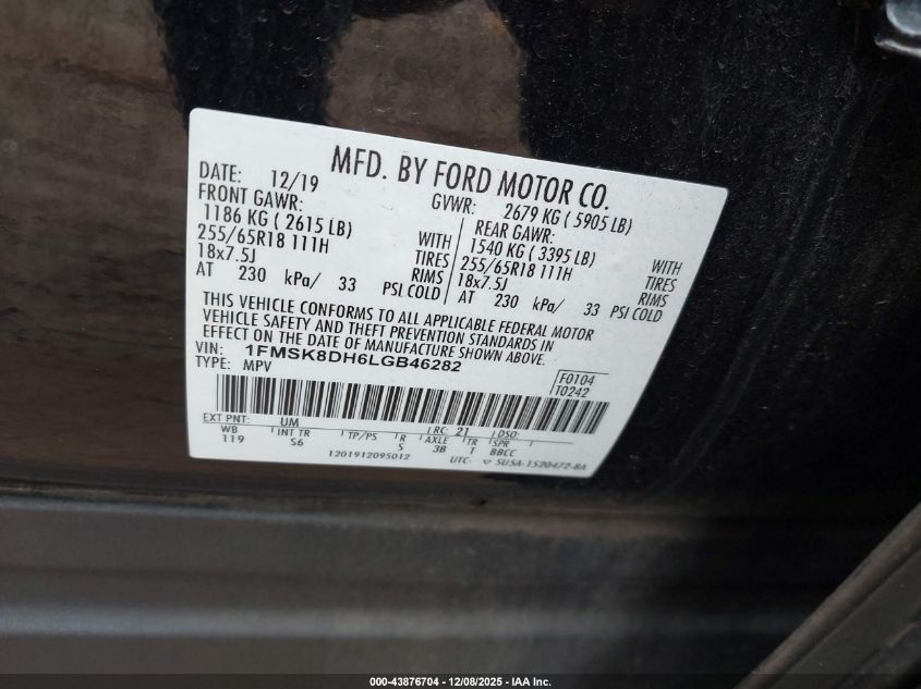 2020 Ford Explorer Xlt VIN: 1FMSK8DH6LGB46282 Lot: 43876704