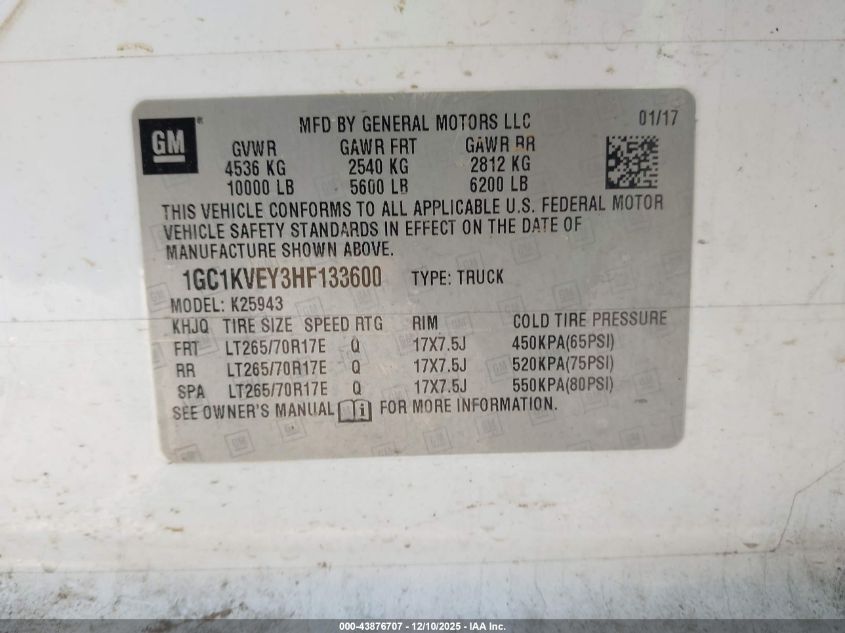 2017 Chevrolet Silverado 2500Hd Lt VIN: 1GC1KVEY3HF133600 Lot: 43876707