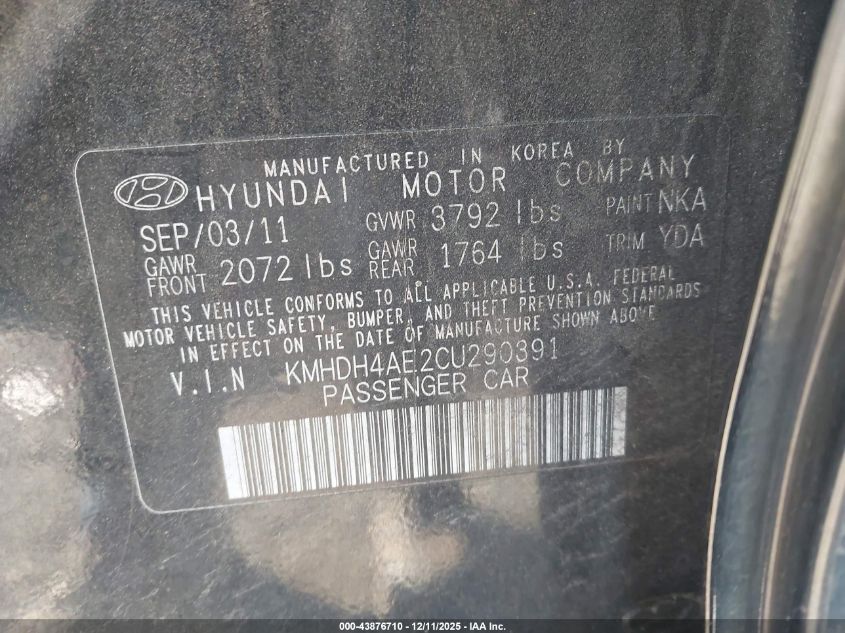 2012 Hyundai Elantra Gls (Ulsan Plant) VIN: KMHDH4AE2CU290391 Lot: 43876710