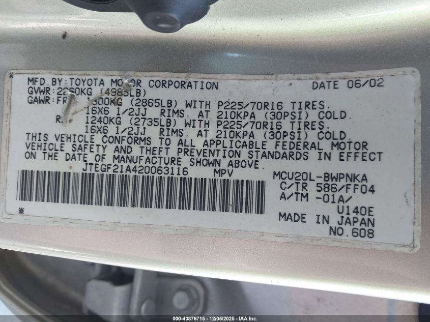 2002 Toyota Highlander Limited V6 VIN: JTEGF21A420063116 Lot: 43876715