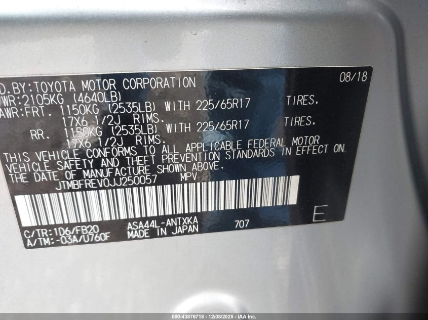 2018 Toyota Rav4 Le VIN: JTMBFREV0JJ250057 Lot: 43876718