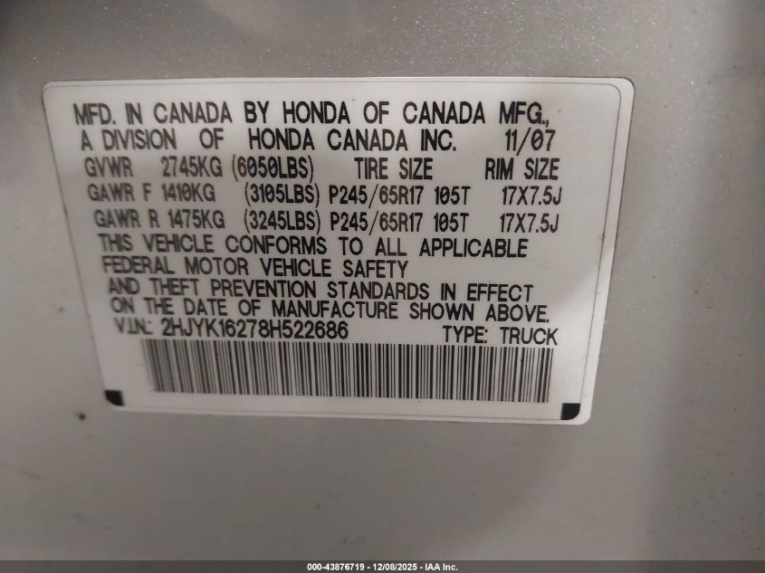 2008 Honda Ridgeline Rt VIN: 2HJYK16278H522686 Lot: 43876719