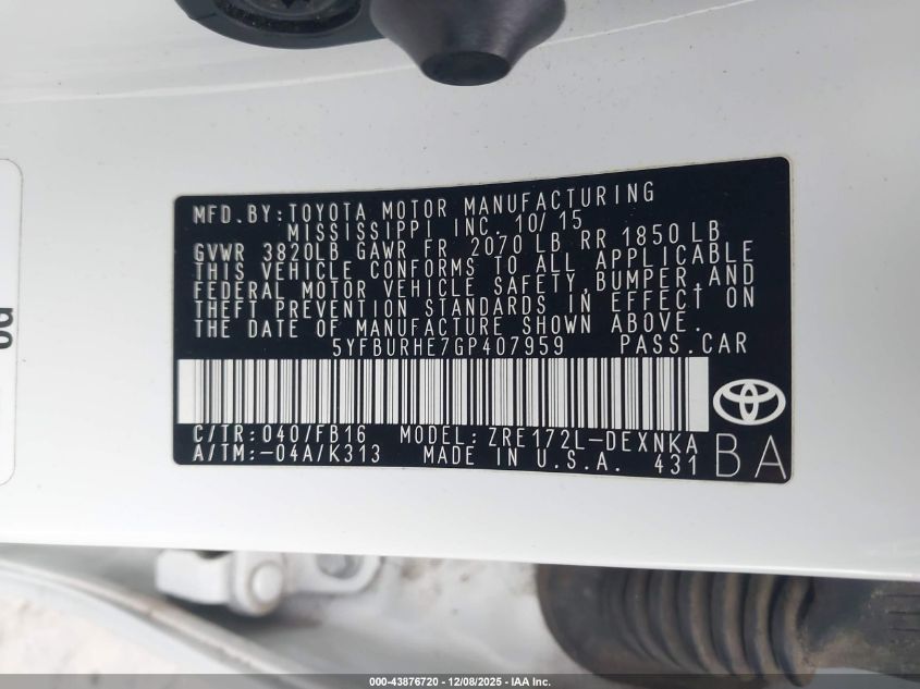 2016 Toyota Corolla Le Plus VIN: 5YFBURHE7GP407959 Lot: 43876720