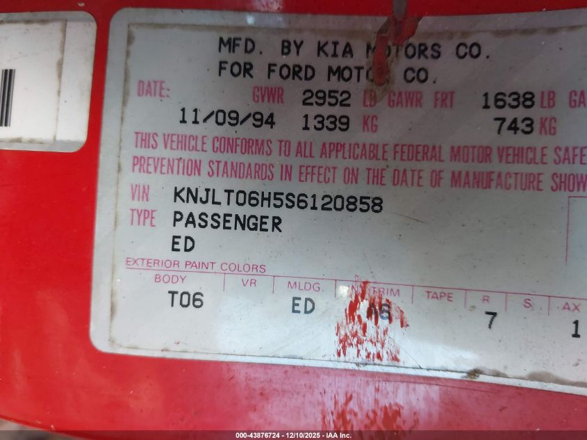 1995 Ford Aspire VIN: KNJLT06H5S6120858 Lot: 43876724