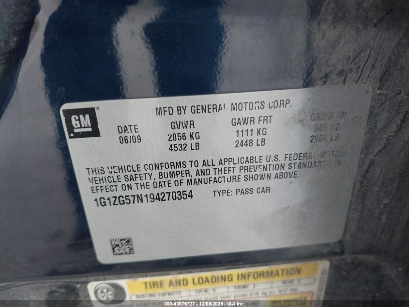 2009 Chevrolet Malibu Ls VIN: 1G1ZG57N194270354 Lot: 43876727
