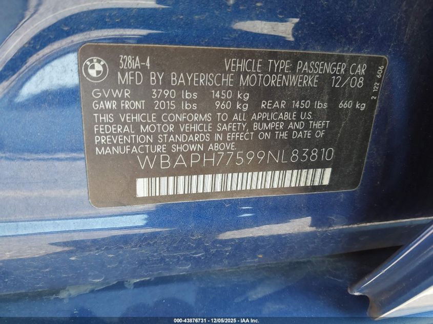 2009 BMW 328I VIN: WBAPH77599NL83810 Lot: 43876731