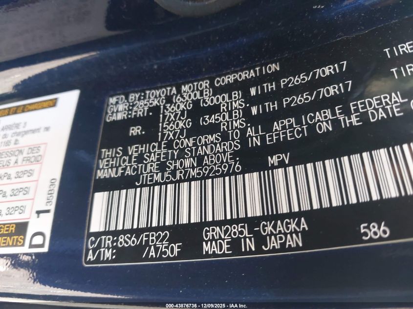 2021 Toyota 4Runner Sr5 VIN: JTEMU5JR7M5925976 Lot: 43876736