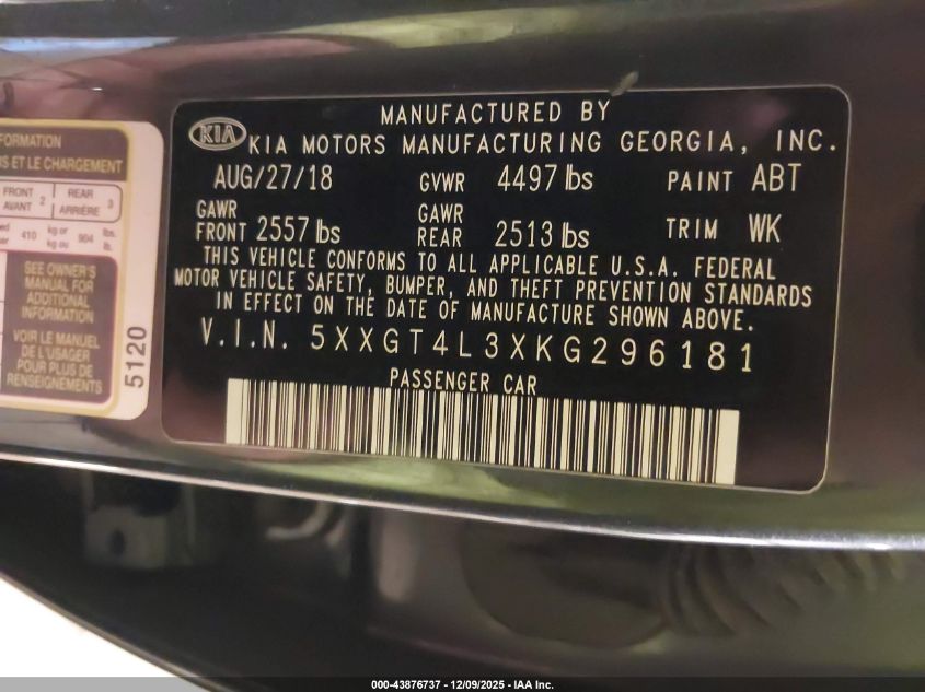 2019 Kia Optima Lx VIN: 5XXGT4L3XKG296181 Lot: 43876737