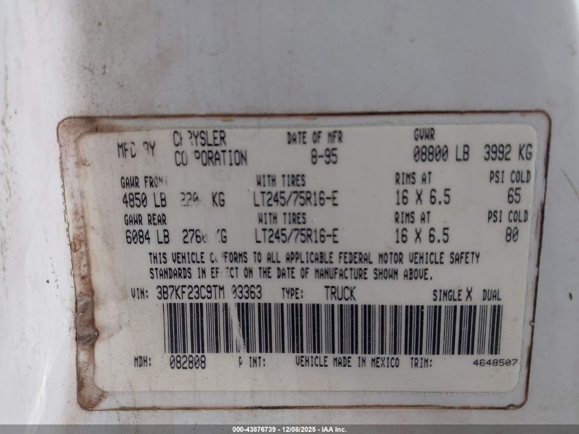 1996 Dodge Ram 2500 VIN: 3B7KF23C9TM103363 Lot: 43876739