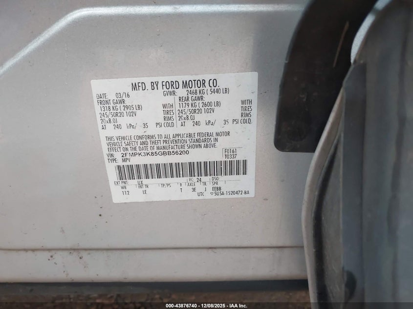 2FMPK3K85GBB56200 2016 FORD EDGE photo no. 9