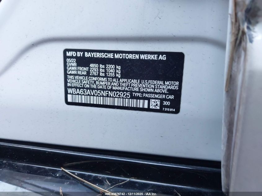 2022 BMW 430I Gran Coupe VIN: WBA63AV05NFN02925 Lot: 43876742