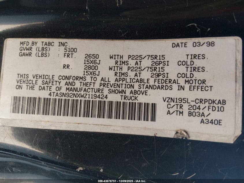 4TASN92NXWZ119424 1998 TOYOTA TACOMA photo no. 9