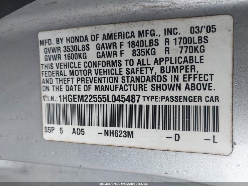 1HGEM22555L045487 2005 HONDA CIVIC photo no. 9