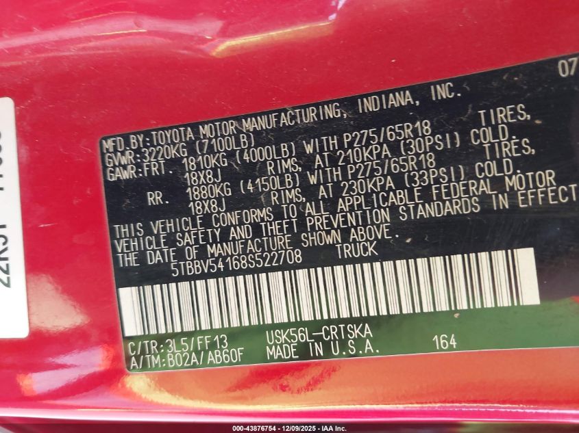 2008 Toyota Tundra Sr5 5.7L V8 VIN: 5TBBV54168S522708 Lot: 43876754